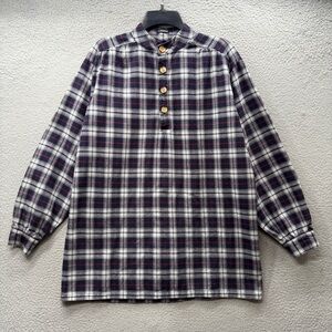 J. Peterman Henley Button Neck Shirt Men’s Size S Black Plaid Long Puff Sleeve